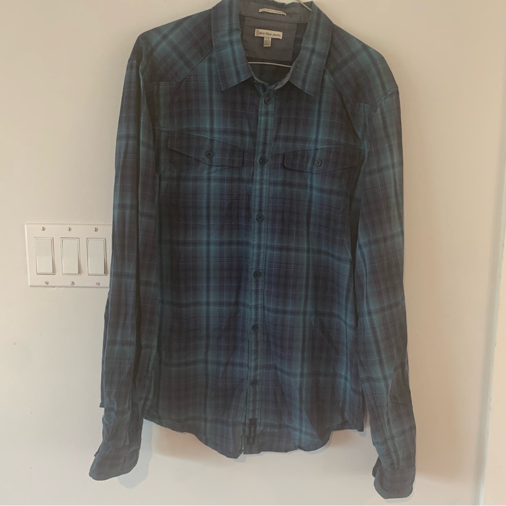 Calvin Klein Jeans Blue Plaid Cotton Shirt Mens large L Top Western